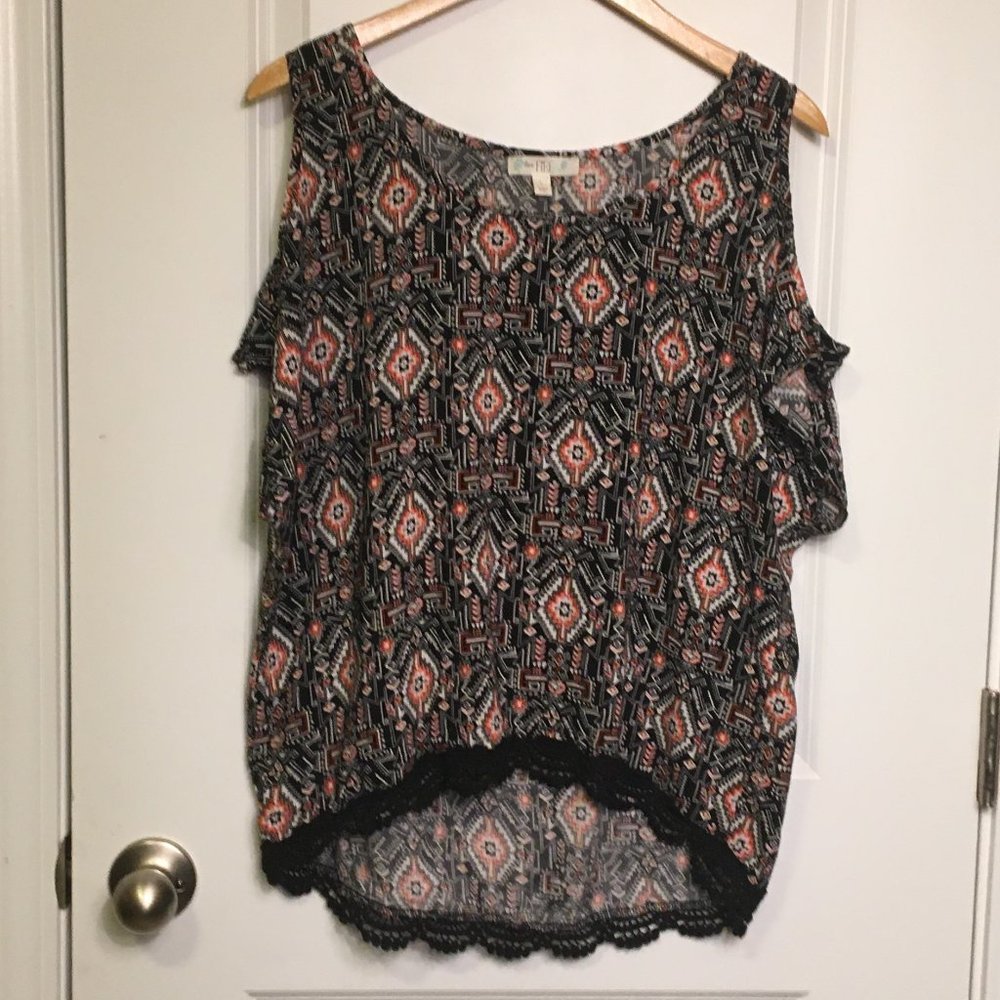 Love Fire Hi-Low Western Print Cold Shoulder Top